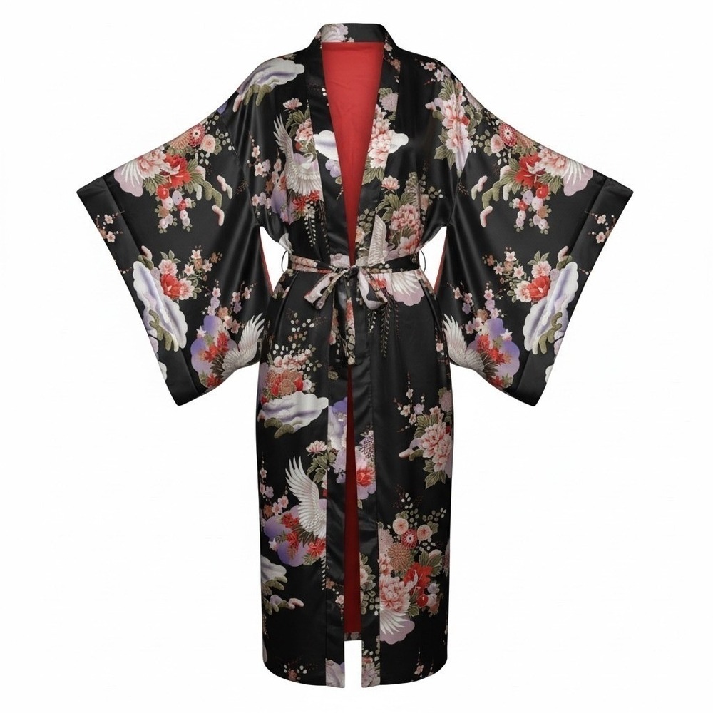 La Cera 2X Kimono Robe Black Red Satin Crane Floral Print Long Belted Pockets
